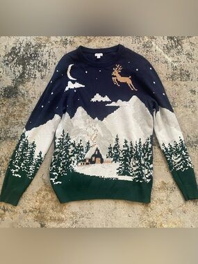 Men’s Holiday Lane Snowy Landscape Reindeer Christmas Crewneck Sweater- Size L